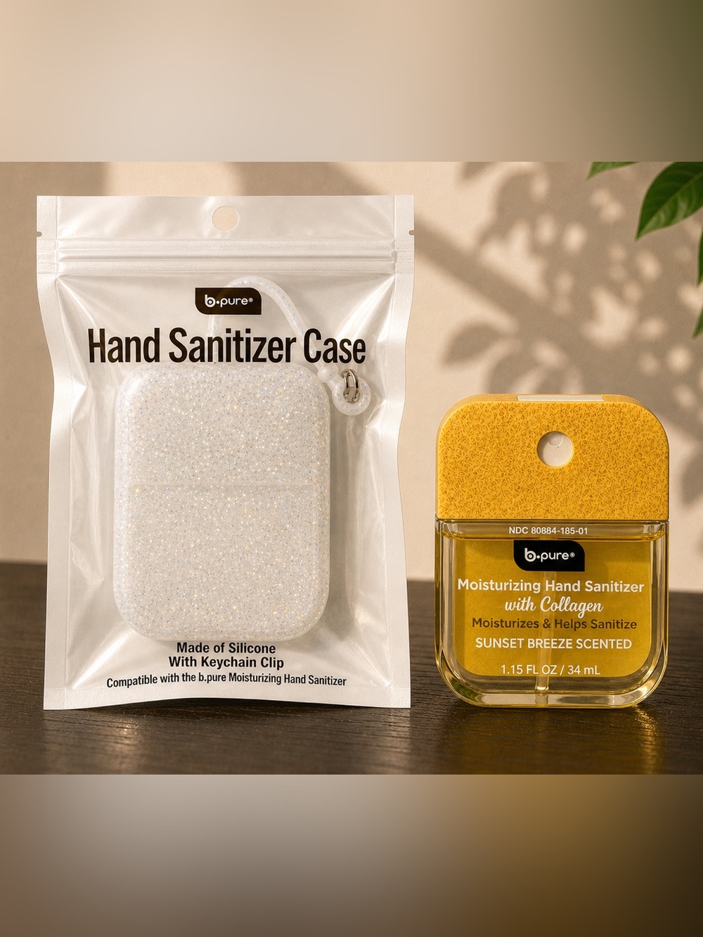 b.pure Sunset Breeze Hand Sanitizer Set 5 Pack Glitter Carry Case